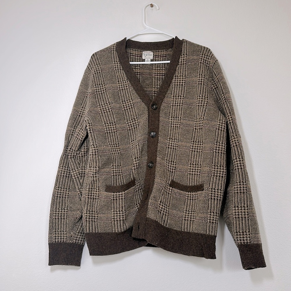 J. Crew Merino Blend Cardigan, Brown Houndstooth, Size L